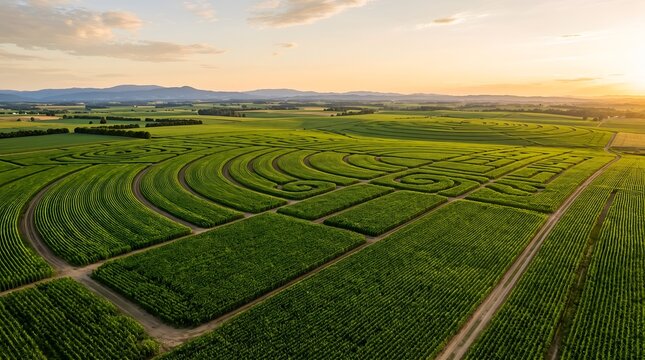 Aerial view of a vast green corn field maze at sunset in the countryside