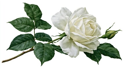 Obraz premium Exquisite White Rose Blossom with Bud and Green Leaves, Elegant Floral Illustration on White Background