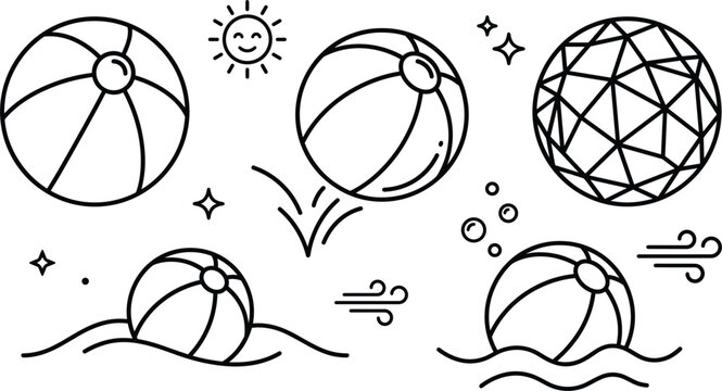 Beach ball inflatable sun wave water bounce geometric sphere summer pool vacation game fun thin line vector icons