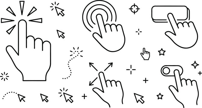 Click cursor pointer hand touch icon set vector illustration line art doodle with finger tap button interface screen