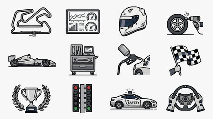 Fototapeta premium Dynamic Racing Concepts Monochrome Illustrations of Formula Cars Safety Gear Tools and Track Elements
