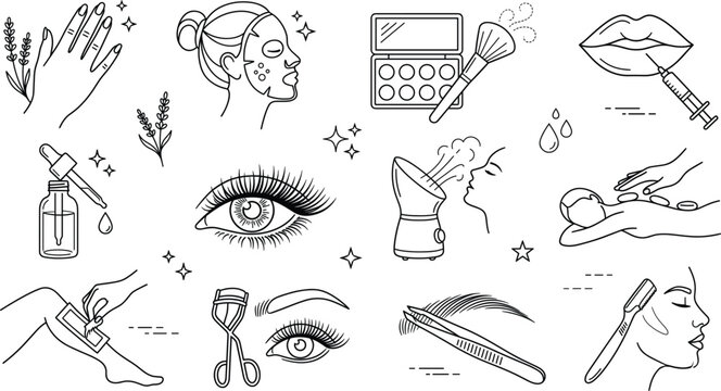 Beauty salon spa facial mask makeup lash brow curler manicure injection massage waxing steam thin line vector icons