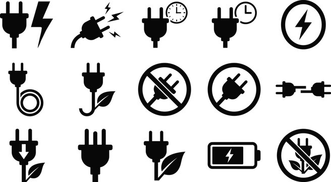 Electrical plug icon set featuring power cable charging symbols green energy leaf design battery charging status and lightning bolt hazard vector signs