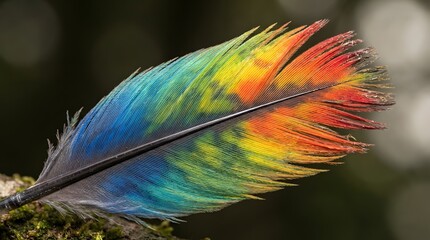 Obraz premium Vibrant colorful bird feather macro on mossy branch in forest