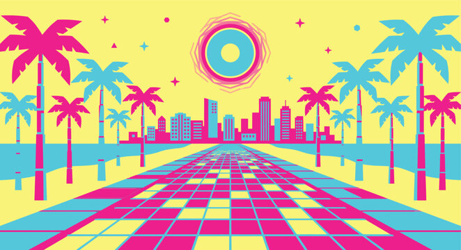 80s Miami Synthwave Daylight Flat Vector Background