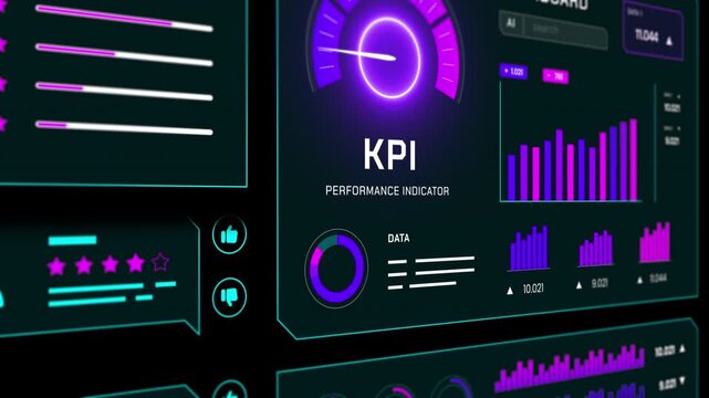Angled 3D room perspective tracking multiple business KPI charts and financial performance loops.