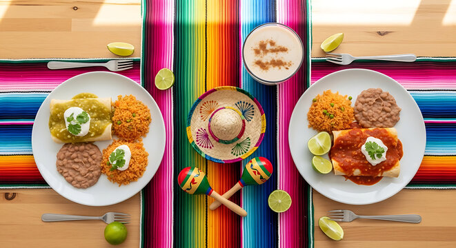 Mexican Fiesta Dinner Table Enchiladas Rice Beans Horchata Sombrero