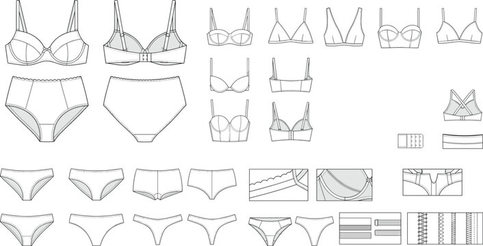 Women's Lingerie Technical Fashion Flat Vector Template Collection with Bra and Panty Styles