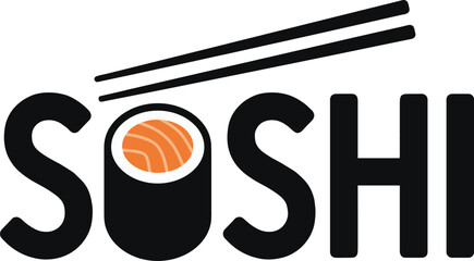 Sushi Restaurant Logo with Salmon Maki Roll, Chopsticks, and Japanese Food Typography for Asian Cuisine Branding, Cafe, and Vector Design © MdMohimot