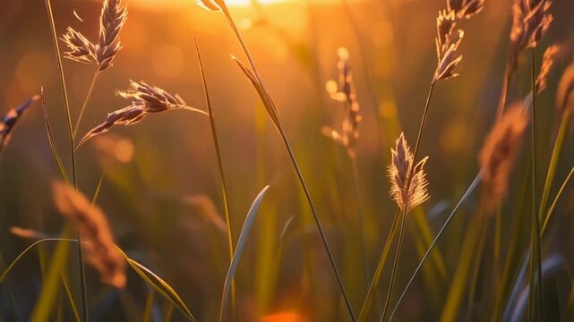 Tall grass meadow macro sunlight sweeping warm glow seed heads dancing gentle breeze across field