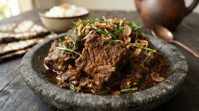 Braised beef rendang on stone plate with rice