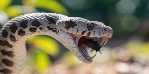Naklejka premium Snake eating a beetle. Reptile hunting prey in nature.