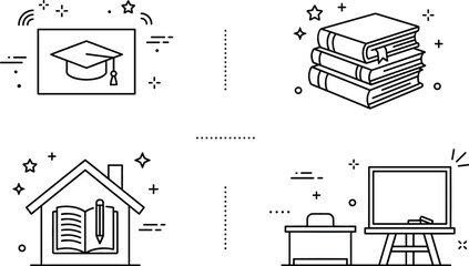 Education and school line art vector icon set featuring graduation cap books student desk blackboard and homeschool graphics © Mstshneha