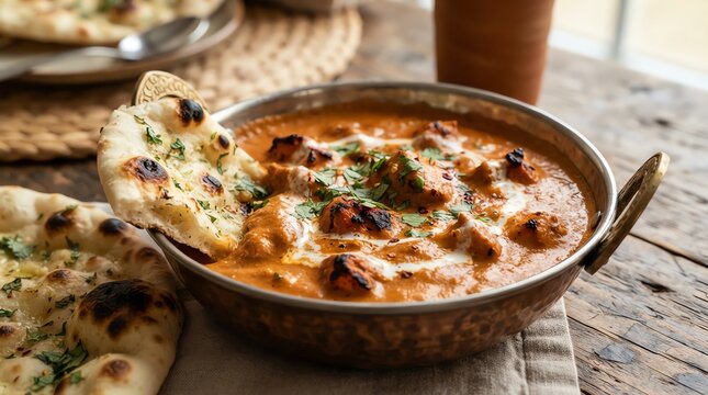 Butter chicken curry with naan bread in metal bowl