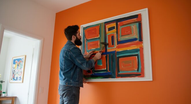 A man hangs a colorful abstract painting on an orange wall