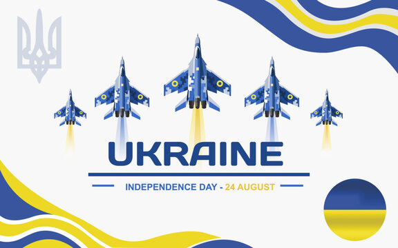 Ukraine Independence Day 24 August Banner with Fighter Jets and National Flag Colors. Ideal for national celebrations, commemorative events, posters, and social media.