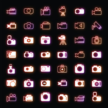Video camera and photo equipment neon icons set with glowing purple and orange line art on black background