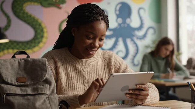 Happy african american student using digital tablet in modern classroom with creative wall background