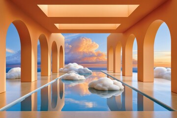 Obraz premium Surreal sunlight-filled arcade with arches and reflective pool dotted with floating clouds at sunset
