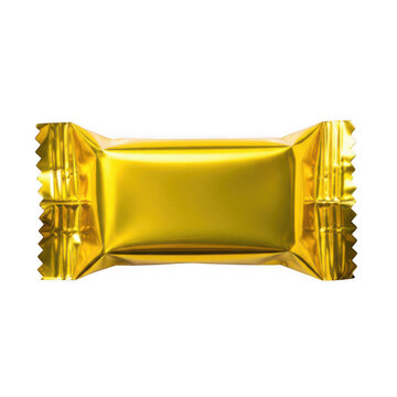 Shiny golden candy wrapper mockup for chocolate bar package design white background