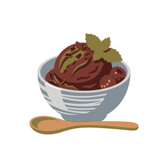 Rich chocolate ice cream bowl with mint leaf garnish. © gvnx