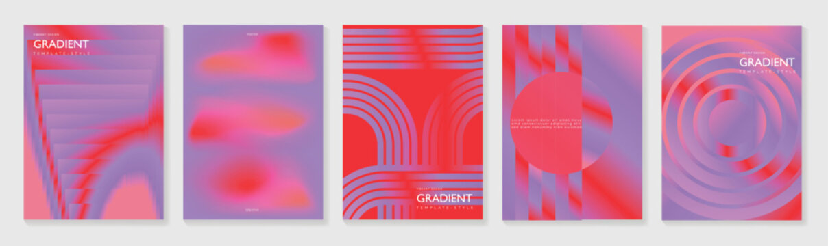 Abstract gradient poster background vector set. Modern cover templates with colorful geometric line patterns, fluid color shapes and optical illusion design for social media, banner and wallpaper.