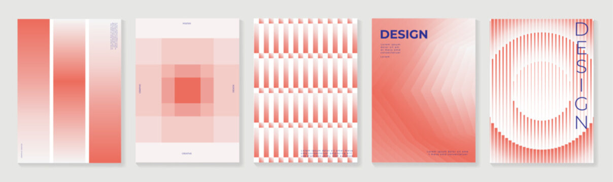 Abstract gradient poster background vector set. Modern cover templates with colorful geometric line patterns, fluid color shapes and optical illusion design for social media, banner and wallpaper.
