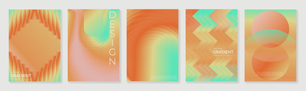 Abstract gradient poster background vector set. Modern cover templates with colorful geometric line patterns, fluid color shapes and optical illusion design for social media, banner and wallpaper.