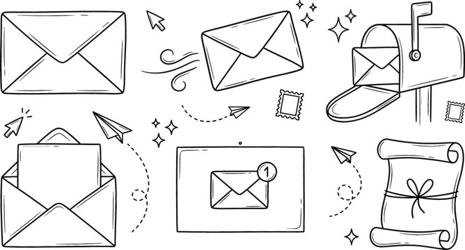 Envelope mail mailbox letter icon set vector illustration line art doodle with message paper plane stamp scroll notification