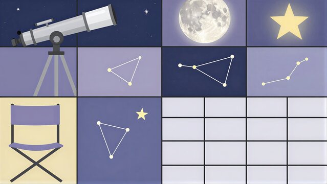 Telescope, moon, stars, constellations, director's chair  stargazing setup.