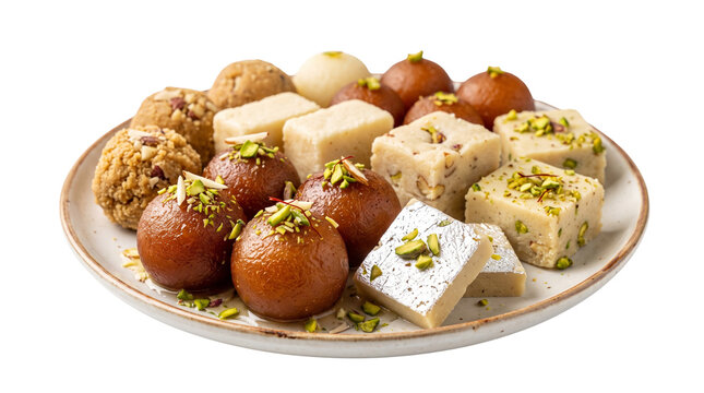Traditional Indian sweets assortment with gulab jamun and barfi, delicious mithai platter for diwali celebration, festive south asian dessert mix isolated PNG with Transparent Background
