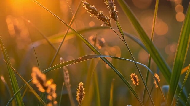 Macro grass seed heads catching golden sunset light swaying breeze warm organic meadow atmosphere