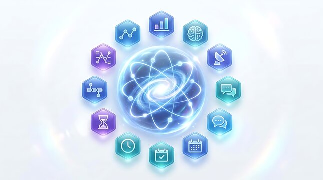 Artificial intelligence network futuristic data analysis and machine learning concept with glowing orbital icons