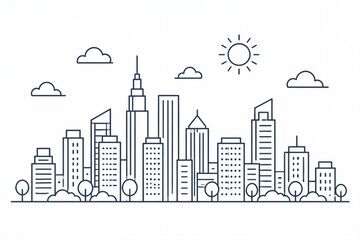 Obraz premium Urban city skyline line drawing with sun and clouds