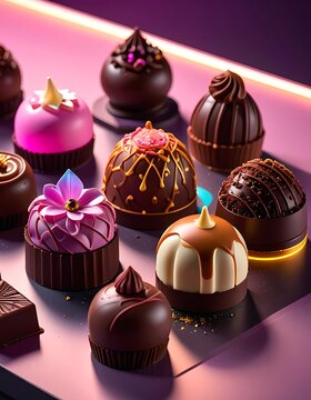 Assorted gourmet chocolate sweets on tray.