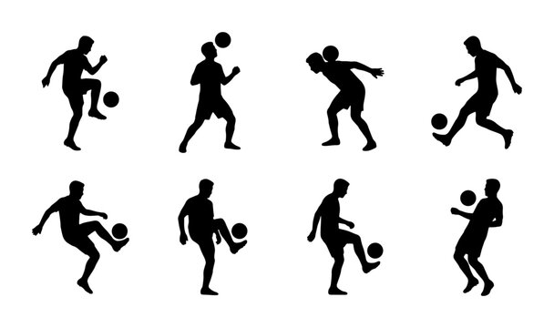 Soccer Player Silhouette Collection, Dynamic Football Juggling Poses, Athletic Sports Vector Icons, Action Figures for Game Design and Sport Graphics