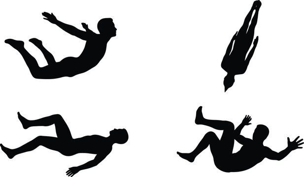 Man Falling down in Air and Skydiving Action Pose Silhouette Vector Icon Set