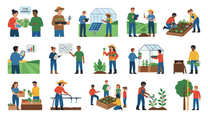Fototapeta premium Flat Vector Illustration of Diverse People Practicing Sustainable Agriculture and Farming