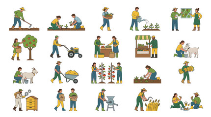 Fototapeta premium Farm Life Flat Vector Icons: Diverse Agricultural Activities and Characters