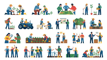 Fototapeta premium Flat Style Agriculture Illustration Set: Farmers Working, Planting, Harvesting Farm Management