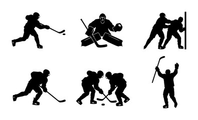 Fototapeta premium Ice Hockey Action Silhouettes: Player Shooting Puck, Goalie Defending Net, Fighting, Skating, Face-off, Celebration Vector Set