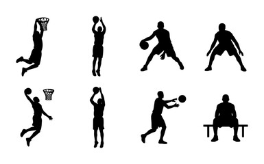 Basketball Player Silhouettes, Dynamic Action Poses Vector Set: Dunking, Shooting, Dribbling, Passing, Sitting on Bench, Sports Graphics for Athletic Concepts © Raiyan