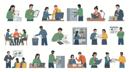 Fototapeta premium Business and Finance Office Flat Vector Illustrations of People Working with Documents, Administration, Accounting