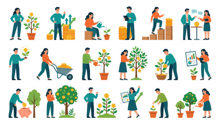 Fototapeta premium Flat Design People Growing Money Investing Finance Business Growth Concept
