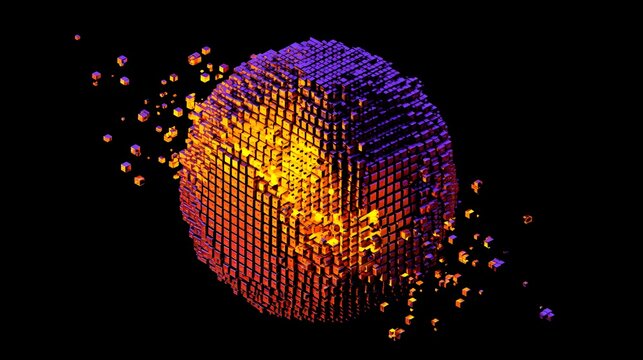 Vibrant voxel art energy sphere with colorful cubes on black background with glowing cubes shades orange yellow purple isolated made small glowing