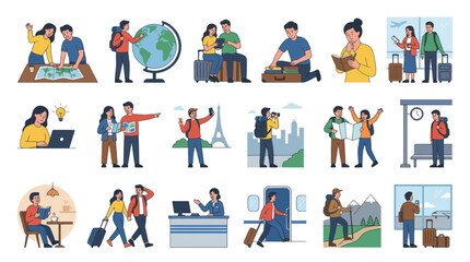 Fototapeta premium Travel and Tourism Activities Flat Illustration Set. People Planning Trips, Packing, Exploring, and Enjoying Vacations