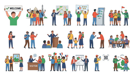 Fototapeta premium Linear Flat Vector Illustrations of Travel, Business, and Technology Human Interactions and Activities Set