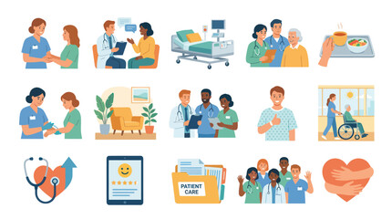 Fototapeta premium Medical Healthcare Vector Icons: Doctors, Patients, Hospital, Stethoscope, Flat Design