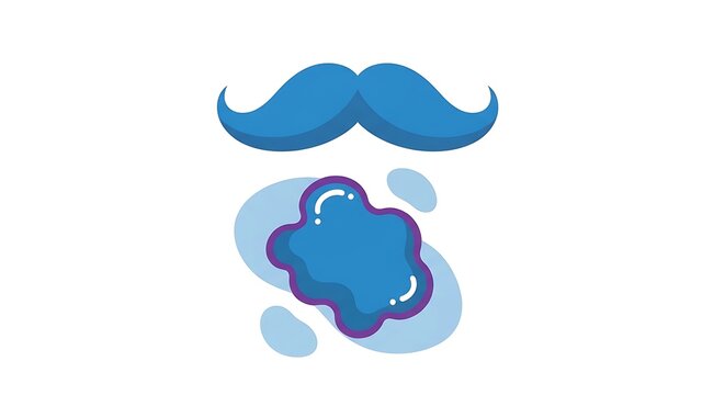 Whimsical blue mustache and abstract paint splash on white background
