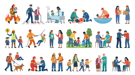Fototapeta premium Community Help and Assistance Flat Icons: Firefighter, Doctor, Police, Volunteer